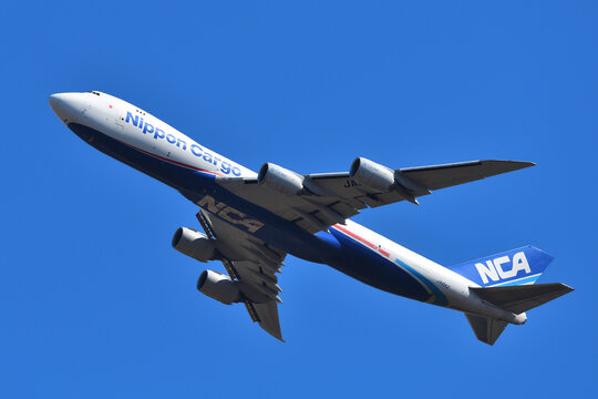 Chiba Prefecture, Japan - February 23, 2022:Nippon Cargo Airlines (NCA) Boeing B747-8F (JA16KZ) freighter.