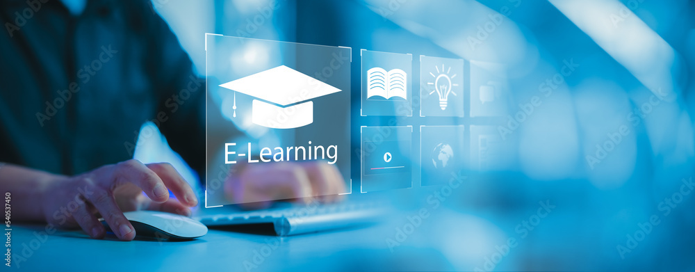Aufkleber concept of online education. man use online education training and e-learning webinar on internet fo
