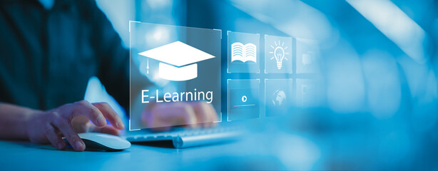 Concept of Online education. man use Online education training and e-learning webinar on internet...