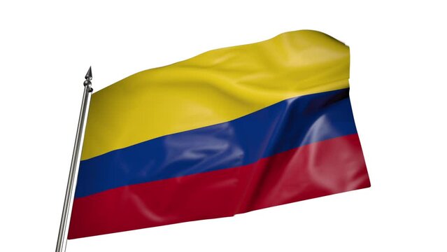 Colombian flag on a flagpole. Animation 3D on a white background
