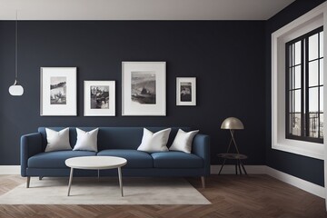 Home interior, modern dark blue living room interior, empty wall mock up, 3d render