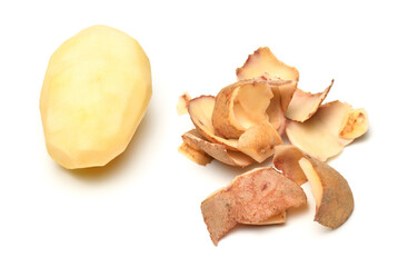 peeled raw potatoes close-up, the object is isolated on a white background