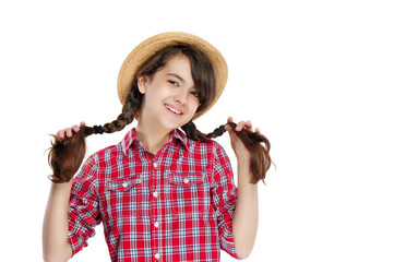 Funny brunette girl wearing straw hat