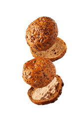 round pieces of bread with seeds with fish pate flying on a white background