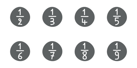 Unit fraction number. Half, third, quarter, fifth, sixth, seventh, eighth, ninth, tenth. Numerator, denominator and fraction bar. Vector illustration isolated on white background.