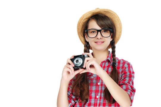 Front view portrait of a teen photographer isolated on white