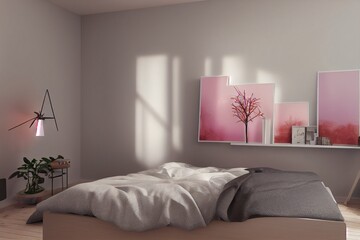 Cozy bedroom interior with grey walls. Scandinavian style bedroom. Mock up posters. 3d render illustrations