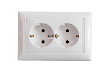 White electrical double coupled socket with earth isolated on a white transparent background.