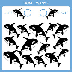 Simple educational game for kids. Count how many killer whales swim left and right and write the result. Vector worksheet