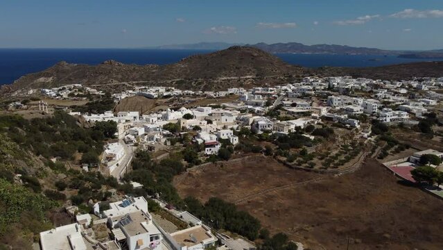Plaka Chora Village Aerial View in Milos, Cyclades Island in Aegean Sea, Greece