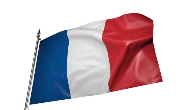 French flag on a flagpole. Animation 3D on a white background