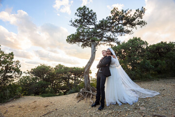 Interracial newlyweds hugging against the backdrop of a beautiful forest landscape in the center of which is an old original tree