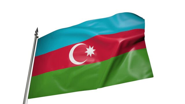 Flag of Azerbaijan on a flagpole. Animation 3D on a white background