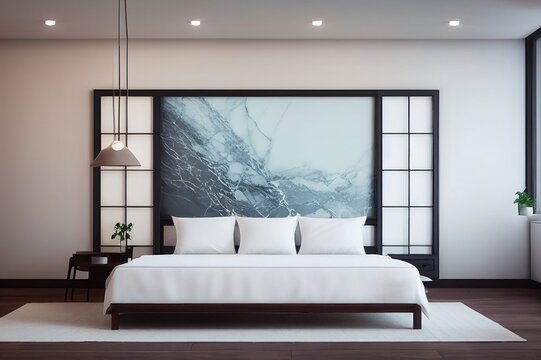 Front view of a marble bedroom interior with a panoramic window, a vertical framed poster near it and a double bed. 3d rendering, mock up, toned image