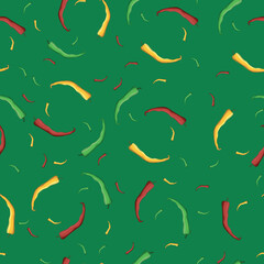 hot chili seamless pattern on green background, yellow red green hot pepper in chaotic order, hot pepper design for kitchen