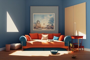 Interior of the living room in blue with a sofa, table and terracotta pillow 3D illustration3d render