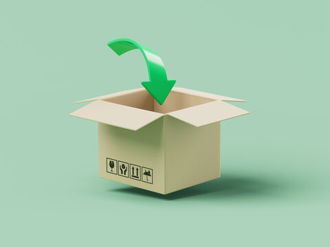 Simple cartoon delivery box with a green arrow pointing inwards 3d render illustration.
