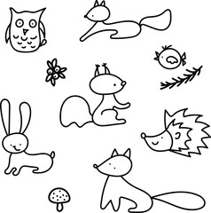 Forest animals in doodle style. Vector icons. For children's design