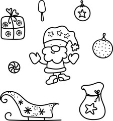 Santa, gifts, bauble, sledges. Doodle set for christmas design
