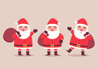 Cartoon Christmas illustrations isolated on pastel. Funny happy Santa Claus character with gift, bag with presents, waving and greeting. For Christmas cards, banners.