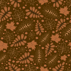 seamless autumn pattern Vector, brown leaves and plants, flat fall design, cozy fall, print for fabric, hello autumn, fall wallpaper, floral forest ornament on a light background for stationery