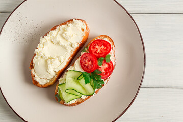 Sandwich, with cream cheese, homemade, on a cutting board, rustic style, no people, selective...