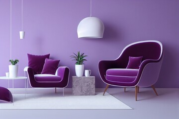 Fototapeta na wymiar Living room interior with violet velvet armchair, pillow, plant in vase, hanging lamp and coffee table on empty white wall background. 3D rendering.
