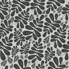 seamless pattern green leaves on a gray background, floral ornament, print for fabric and wallpaper, stationery pattern, flat design plant elements, botanical background