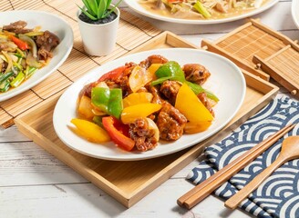 Sweet and sour pork ribs served in a dish isolated on wooden tray and napkin side view of taiwan food