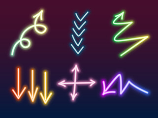 Set of different icons. Vector illustration of neon colorful arrows with different directions. Isolated on dark background.