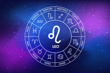 Leo zodiac sign. Abstract night sky background. Leo icon on blue space background