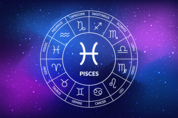 Naklejka na ściany i meble Pisces zodiac sign. Zodiac circle on a dark blue background of the space. Astrology. Cosmogram