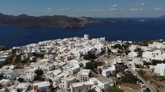 Plaka Chora Village Aerial View in Milos, Cyclades Island in Aegean Sea, Greece
