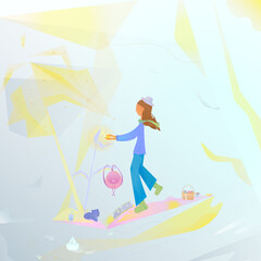 Vector colorful girl with hat outdoors on autumn day, holding lighting sphere and standing near a big flower. Travelling young woman with cat, girl in forest with basket full of berries and mushrooms.