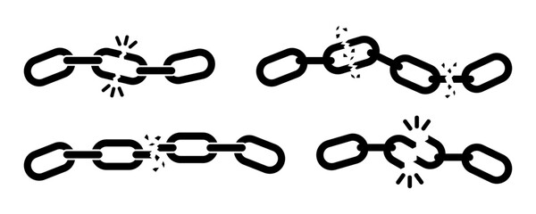 Set of broken chain vector icons. Black silhouette with break or wreck chain. Defect, rupture or shatter signs. Vector 10 EPS.