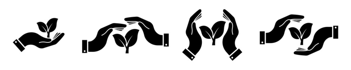 Set of leafs in hands vector icons. Black silhouette with young plant and hand. Protection and concern for environment concept. Vector 10 Eps.