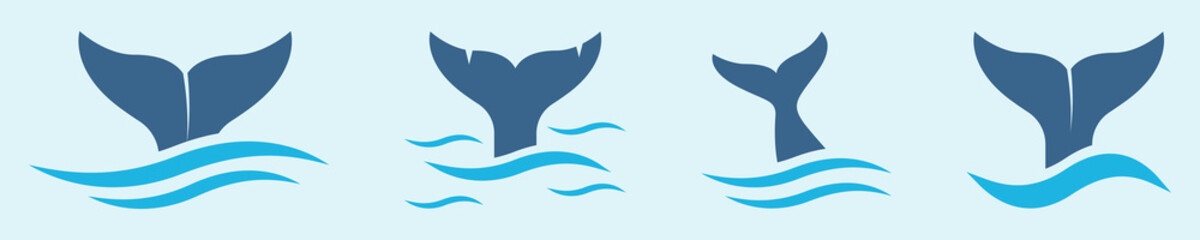 Set of whale tail vector icons. Fish tail and blue sea wave. Plunged whale in water. Vector 10 Eps.