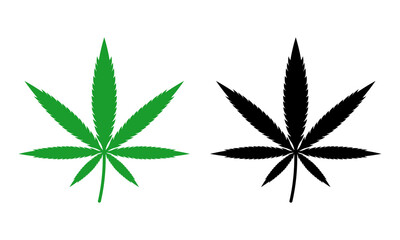 Cannabis leaf vector icon on white background. Green and black marijuana icon. Hemp sign. Vector 10 Eps.