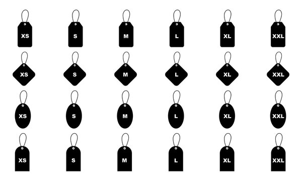 Set Of Clothing Size Labels Vector Icons. Black Icon Of Clothing Size With Xs To Xxl. Vector 10 Eps.