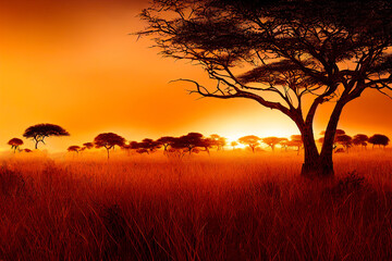 Sunset in african savanna with wilderness landscape