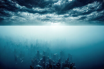 Sunken city atlantis underwater in blue ocean