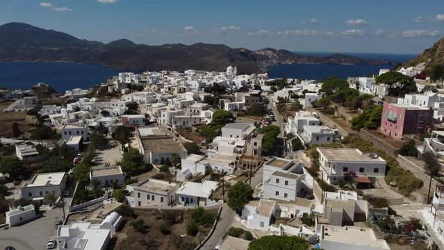 Plaka Chora Village Aerial View in Milos, Cyclades Island in Aegean Sea, Greece