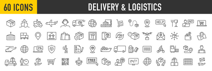 Set of 60 Delivery and logistics web icons in line style. Courier, shipping, express delivery, warehouse, truck, scooter, container, tracking order, support, business collection. Vector illustration.