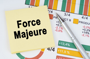 On the business charts are a pen and stickers with the inscription - Force Majeure