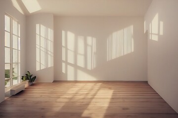 Fototapeta premium Idea of a white empty minimalist room interior with light on the wooden floor and large wall and white landscape in window. Background interior. Home nordic interior. 3D illustration