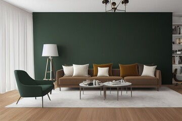 Luxury modern dark green living room interior with white parquet floor, brown sofa, floor lamp and coffee table , 3d render