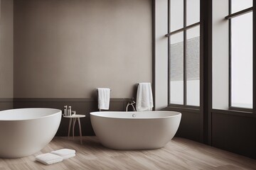 Naklejka na ściany i meble White and marble bathroom interior with a white tub standing on a wooden floor near a chair with self care products. 3d rendering mock up