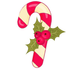 Christmas red candy cane with holly decoration drawn in cartoon style.