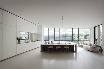 trendy modern interior design of a large studio in white and beige colors with large floor to ceiling windows. area of white kitchen with an island and a recreation area