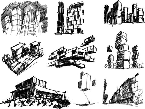many hand drawn architectectural sketches of a modern fantastic architecture and urban ideas, buildings and people